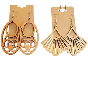 Wood Dangle Earrings Cutout Fan Oval Lightweight Boho  Pierced Jewelry 2 Pair